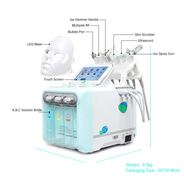 Combina 6in1 Hydra Dermabrasion Facial Peel, Green, Hidrogen Oxigen H2O2, Hidrodermoabraziune, Curatare, Hidratantare, RF+Photon+Vibration+Ion+Cool+Mask; Vacuum Dermabrasion, Facial Deep Cleaning, Skin Care