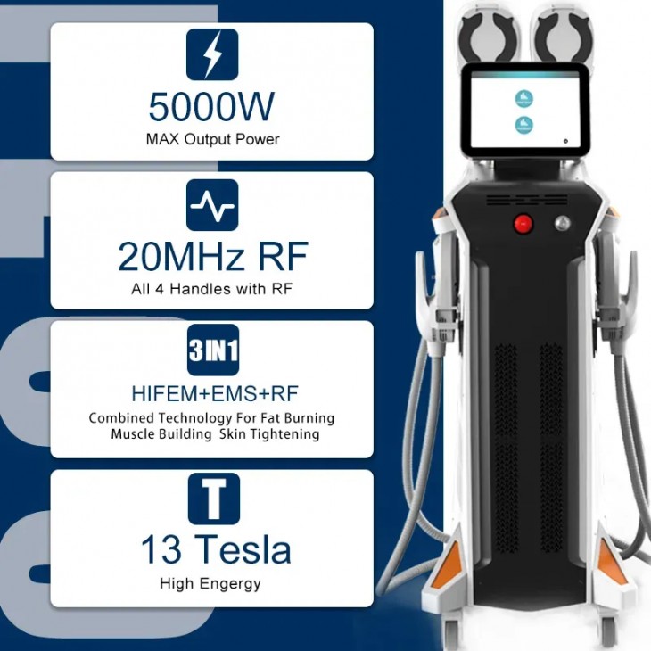 Aparat 15TESLA Sculptor Muscular Tesla EMS Sculpt HI-EMT + RF Remodelare corporala, Creare Masa Musculara, Tonifiere Abdomen, 4 Manipuli, Slabire intensiva NEO4 5000W