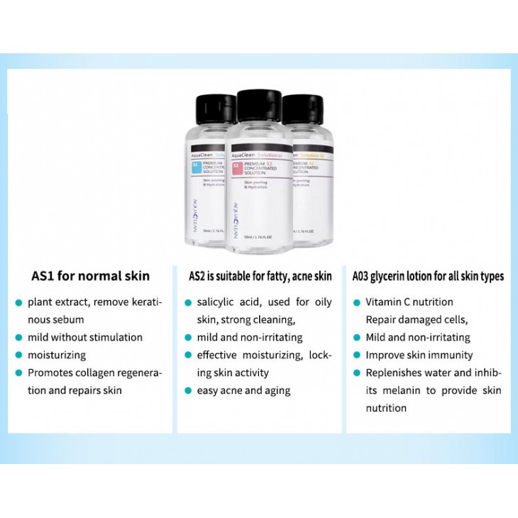 Set 3 Solutii Peeling Cosmetic pentru Hidrodermabraziune, AS1, SA2, AO3 Toate tipurile de piele, Piele Sensitive, Anti Acnee, 400ML buc